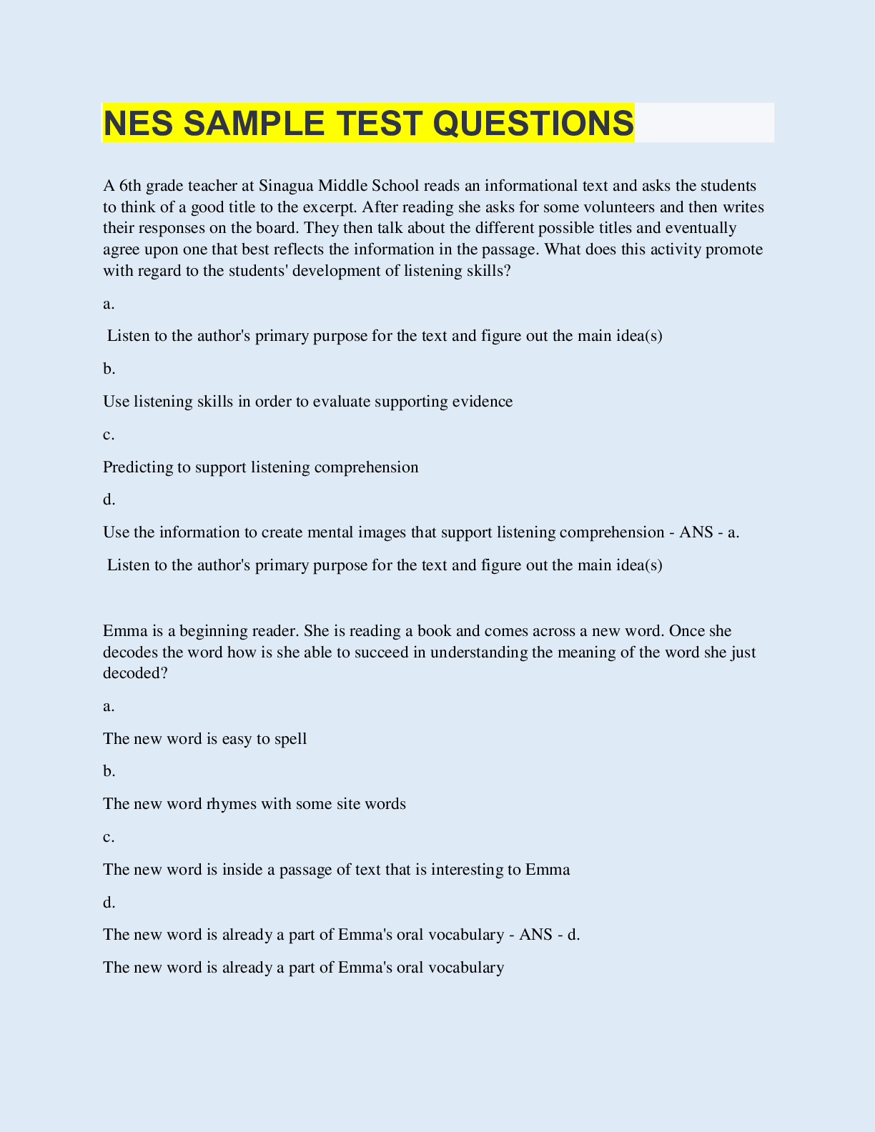 Preview image of NES SAMPLE TEST QUESTIONS |with 100% Correct Answers | Updated & Verified document